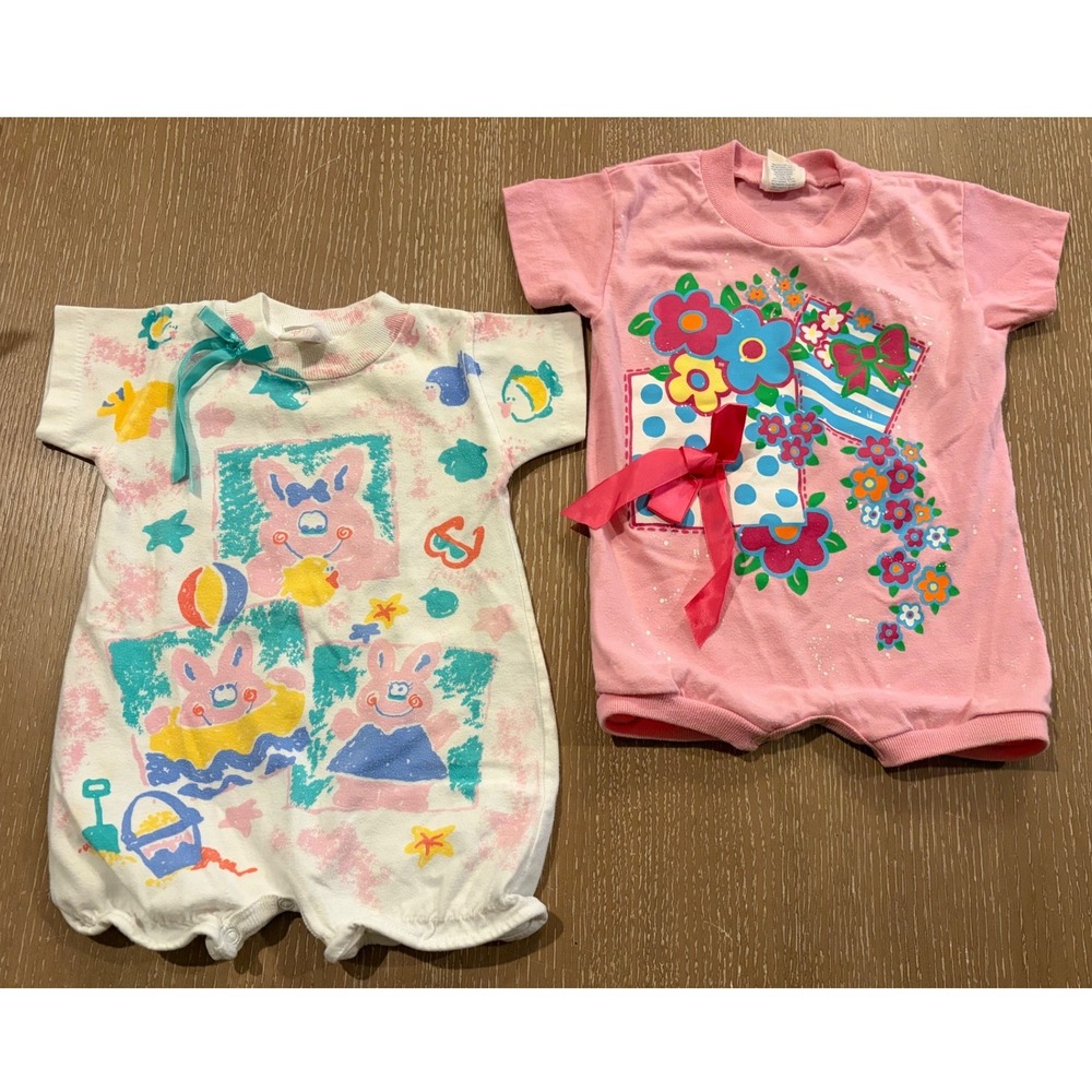 Vintage Buster Brown Baby Girls 6-9M Romper Lot of 2 Floral Teddy Bear Bow USA